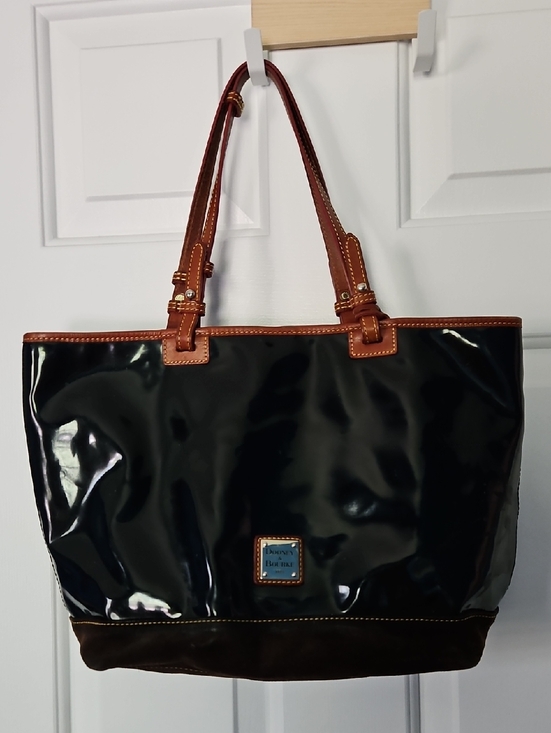 Dooney & Bourke Handbags - Dooney & Bourke Black Patent Tote with Brown Trim and Handles